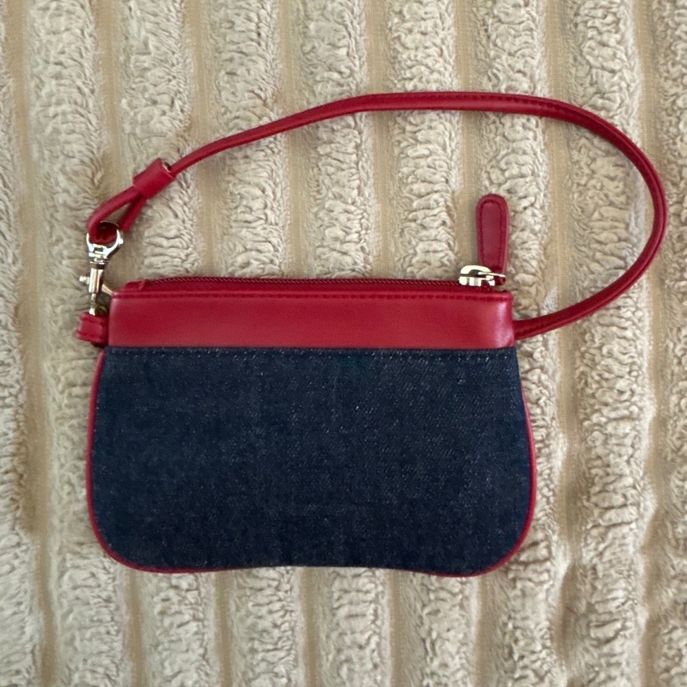 Vintage Liz Claiborne NWT Denim Wristlet Red Leather Trim with Card Holder Y2K